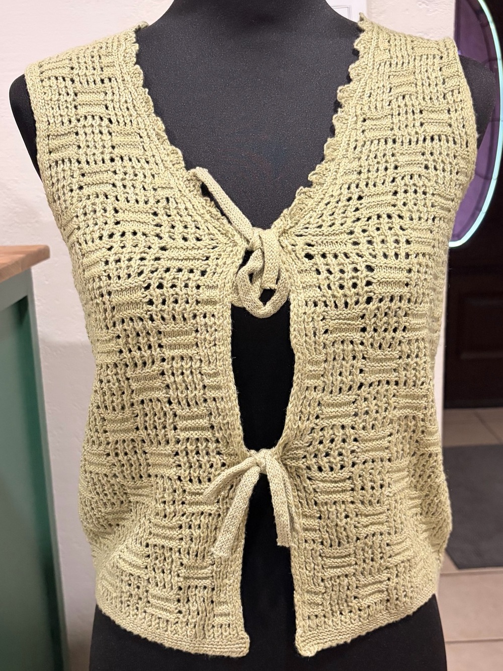 SHEIN NWOT Olive Crochet Open-Knit Vest